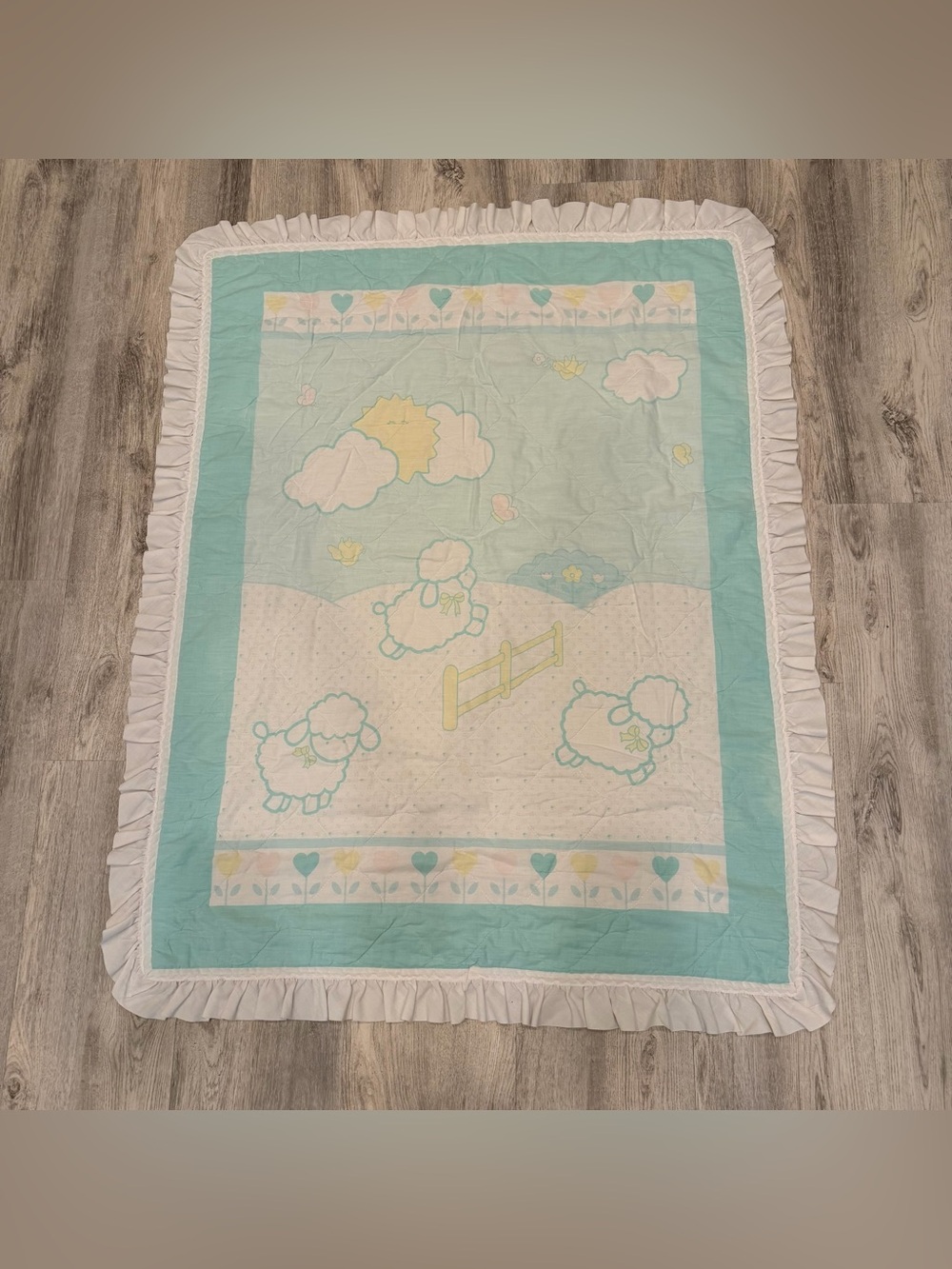 Vintage Lamb Baby Blanket Quilted Pastel Nursery Ruffle Trim 33” x 44”